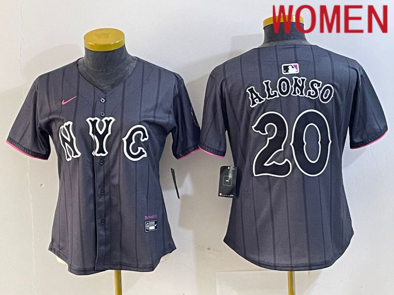 Women New York Mets 20 Alonso Black City Edition 2024 Nike MLB Jersey style 1
